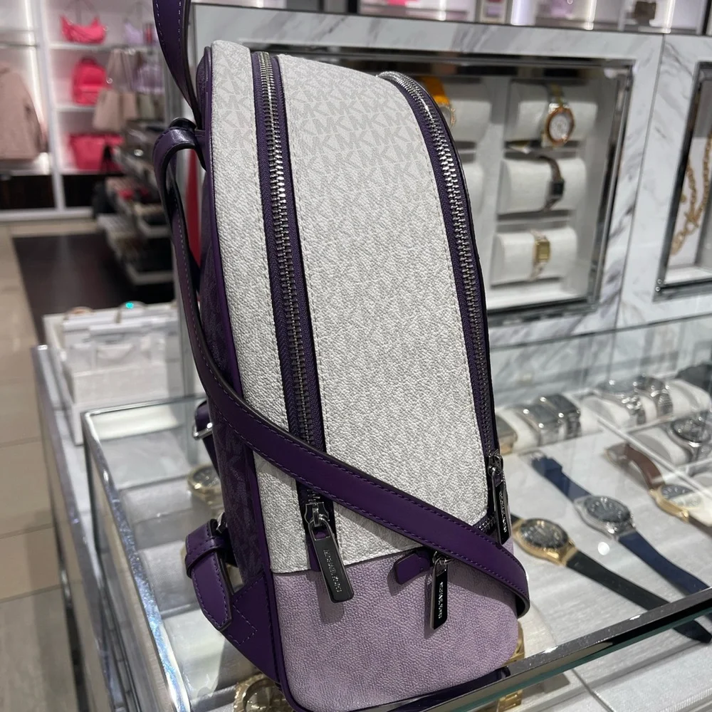 MICHAEL KORS Rhea Md Zip Color-Block Signature Logo Backpack Dark Purple Mlt NWT